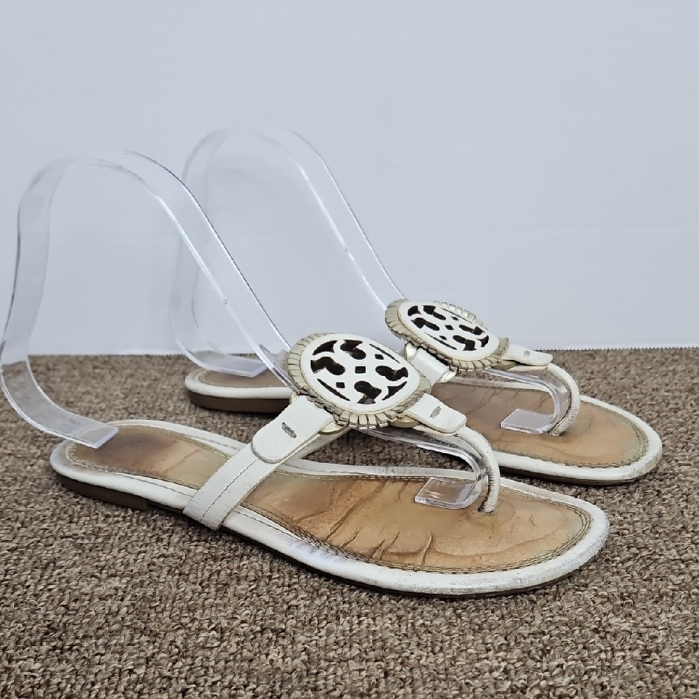 Tory Burch Miller Sandals White Leather Logo Thong Sandals Sz 7.5 Womens